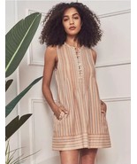 Faherty Isha Sepia Neutral Stripe Organic Cotton  Mini Dress Pockets Sz ... - $83.26 CAD