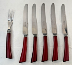 Vintage Robinson Knife Co Flatware Red Bakelite Handle Stainless Knives ... - $33.94