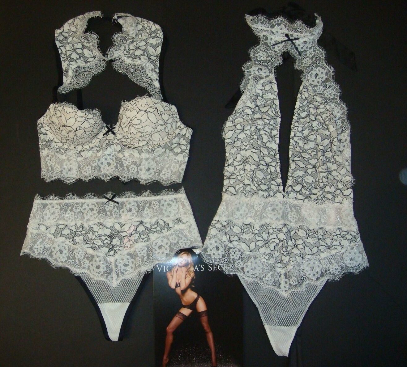 Victoria&#39;s Secret high-neck 32C,32D,32DD BRA SET+TEDDY Ivory Black white... - $59.39+