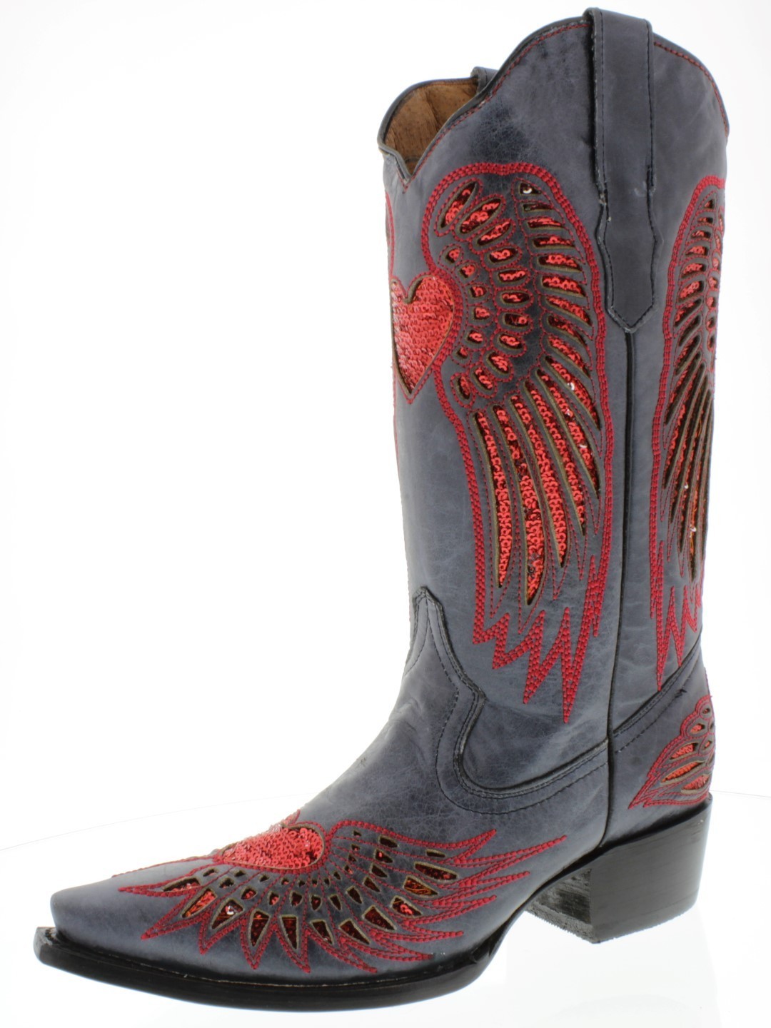 Womens Western Boots Cowboy Denim Blue Leather Red Sequins Heart Wings 4... - $97.00