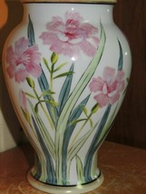 Hand Painted Nippon Vase 7.5&quot; Pink &amp; Green Flowers w/Gold Accents Japanese Iris - £19.75 GBP