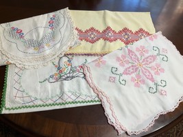 Lot Of 4 Vintage Hand Embroidery Vintage Table Runner Doilies Crochet Lace Edges - £21.67 GBP