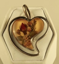 Vtg Sterling Signed 925 Mexico Pressed Flower Dichroic Fused Glass Heart Pendant - £35.91 GBP
