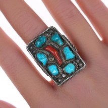 sz8.75 Vintage Zuni silver, carved turquoise, and branch coral ring - £233.16 GBP
