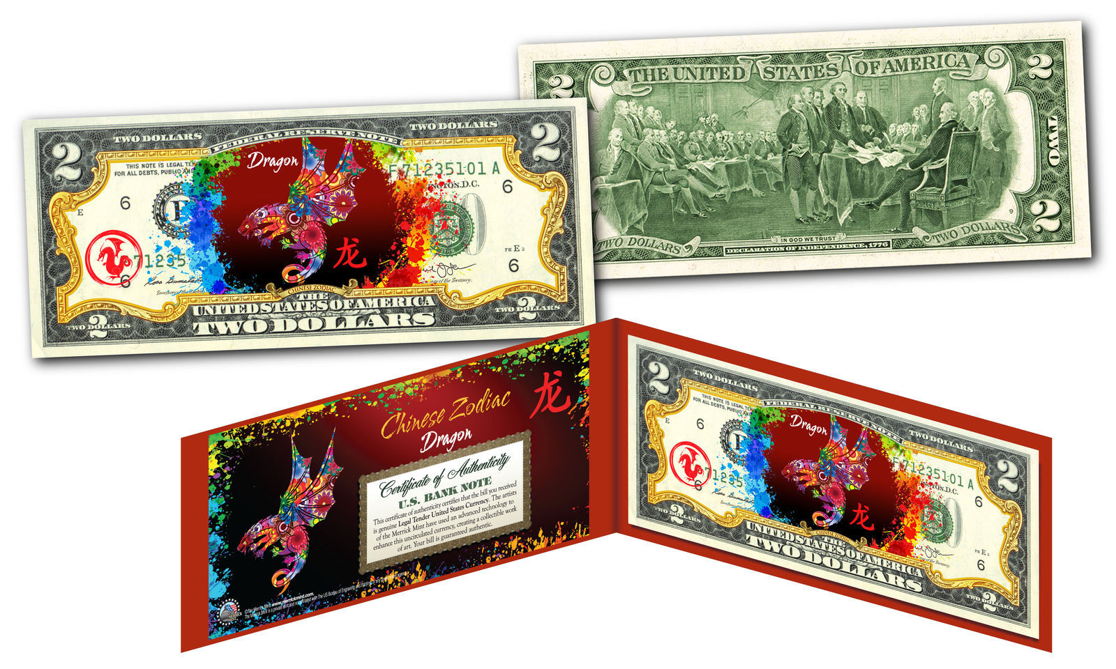 YEAR of the DRAGON - Chinese Zodiac Official $2 U.S. Bill RED POLYCHROME Edition - $13.06