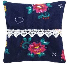 Tooth Fairy Pillow, Navy Blue, Floral Print Fabric, White Heart Lace Tri... - $4.95