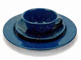 Dark Blue Speckled Enamelware Dishes, Vintage/Antique, Plate, Cup &amp; Sauc... - $24.45