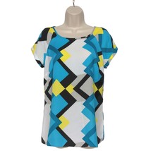 Worthington Blouse Top Size Small Black Blue White Yellow Geometric Short Sleeve - £20.57 GBP