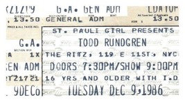 Todd Rundgren Concerto Ticket Stub Dicembre 9 1986 New York Città - $39.71