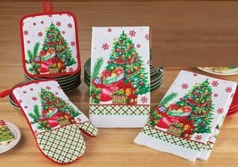 4Pc Set:1 Pot Holder 1 Oven Mitt&amp;2 Towels Decorated Christmas Tree&amp;Snowflakes Ce - £22.36 GBP