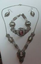 Antique Victorian Silver Abalone Shell Cameo Necklace, Bracelet &amp; Earrings - $260.00