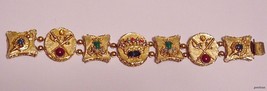 Vintage Art Signed Gold Tone Rhinestone Cabuchon Sword &amp; Crown Bracelet - £102.25 GBP