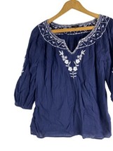 Talbots Size XS Tunic Top Embroidered Peasant Blouse Navy Blue White 3/4 Sleeve - £36.69 GBP