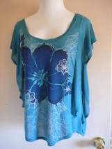 Women&#39;s Knit Top LC Size M Blue Green Batwing Sleeve Scooped Neck Rayon - £7.36 GBP