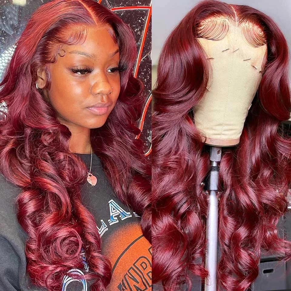 99J Burgundy Body Wave Lace Front Wigs Red Colored 34 Inches HD Human Hair La - £91.98 GBP+