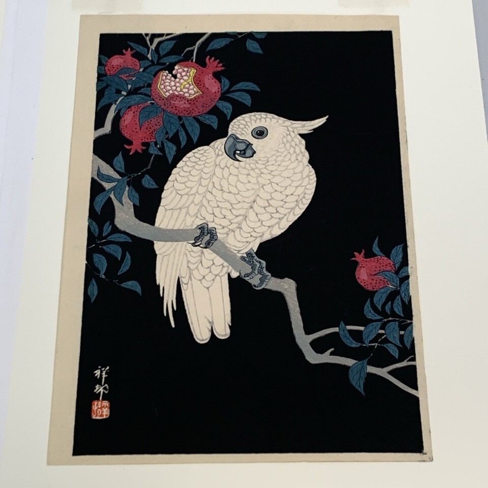 Ohara Shoson (Koson) White Cockatoo &amp; Pomegranates Japanese Woodblock Print - $395.00