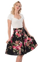 Full Flare High Waist Skirt w Pockets Pink Rose on Black Size Large - He... - £27.07 GBP