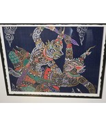 Vintage Painting On Silk Thai Asian Warriors Colorful Blue Print Framed - $462.61 MXN