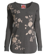 Johnny Was Raglan Thermal Top Vixie Sz-M Floral Embroidered Charcoal Gray - £95.60 GBP