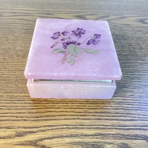 Vintage Genuine Alabaster Trinket Jewelry Box Pink Purple Flowers  Made in Italy - £14.87 GBP
