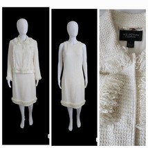 St. John Couture Cream White Tweed Jacket &amp; Dress Set Fringed/Wedding 8 - $648.45
