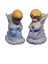 TWO ANGEL taper CANDLE HOLDERS, STABLE BASE ceramic lt blue white (shelf) - $7.20