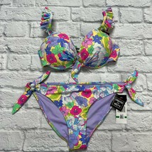 California Waves Juniors&#39; Boho Floral 2pc Bikini Ruffle Side Tie Underwire L New - £31.54 GBP