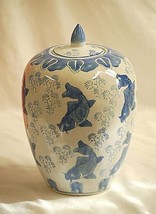 Classic Style Asian Lidded Ginger Jar Vase Blue &amp; White Porcelain Koi Fish Scene - £98.05 GBP