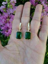 14K Yellow Gold Plated Silver 3Ct Radiant Simulated Emerald Drop/Dangle Earrings - £78.28 GBP