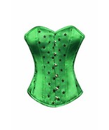 Green Satin Black Stars Print Goth Burlesque Corset Waist Training Overb... - $62.99