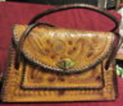 Vintage hand Tooled leather hand bag - floral design  - £37.88 GBP