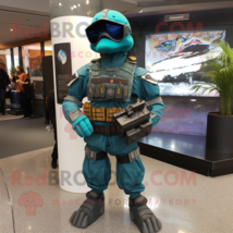 Teal Marine Recon mascot costume character dressed with a Midi Dress and Briefca - £965.31 GBP