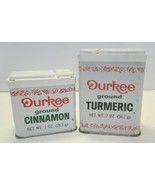 DURKEE Spice Tins Cans 2 Vintage Tins 2 oz Ground Turmeric 1 oz Ground C... - $192.73 MXN