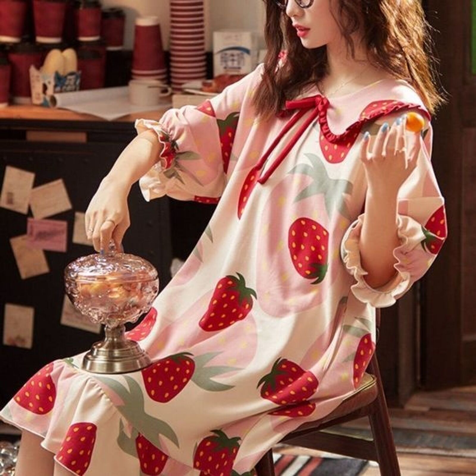 Strawberry Print Midi Nightgown | Women Sleep Gown Pajama Nightdress #753 - $49.00