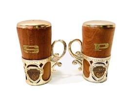 Vintage 1960’s Indiana Souvenir Wooden  Salt &amp; Pepper Shaker Set In Gold Basket - £7.82 GBP