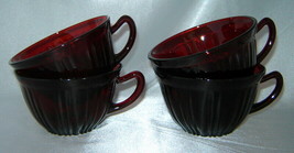 Set (4) Garnet Red Ribbed/Paneled Glass Elegant Tea Cups - £11.67 GBP