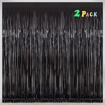 Black Tinsel Foil Fringe Curtain s 3.2 x 8 ft Streamer Backdrop for Birthday Gra - £19.55 GBP