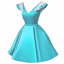 Plus Size V Neck White Lace Short Satin Prom Homecoming Dresses Ice Blue US 16W - £73.25 GBP