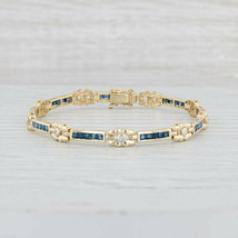 4.75CT Princess Blue Sapphire &amp; Diamond Tennis Bracelet 14K Yellow Gold Over - £132.42 GBP
