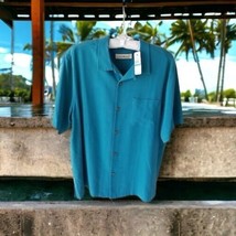 Tommy Bahama 100% Silk Men&#39;s Button Front Cayman Camp SSleeve Shirt L/G Teal NWT - £34.31 GBP