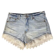 Free People Good Vibes Booty Jean Shorts Size 25 Blue Crochet Lace Distr... - $18.71