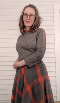 50s Plaid Dress Gray Orange Stripe Vintage Full Skirt Warm S XS - £96.92 GBP