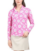 IBKUL UPF 50+ Ruthie Print Long Sleeves Zip Mock Neck Golf Top in Pink White M - £43.87 GBP