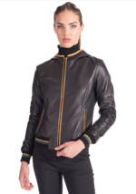 Women&#39;s Black Leather Bomber Hooded Jacket  - $169.99