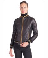 Women&#39;s Black Leather Bomber Hooded Jacket  - $169.99