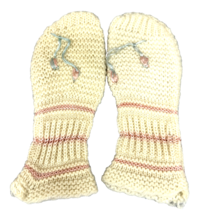 VTG Hand Knit Kids Mittens Ivory Pink Stripe Embroidered Wool Repairable - $34.43 CAD