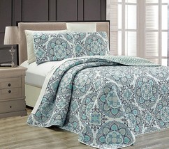 3 Pc. Reversible Oversized Bedspread Set With Medallion Print In Linen Plus - £36.14 GBP