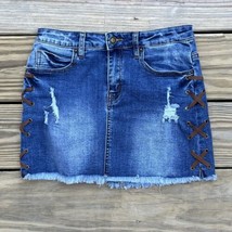 Angel Kiss Mini Denim Fringe Hem Boho Skirt Side Lace Distressed Womens S Small - £12.77 GBP