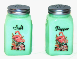 Jadeite Green 1950&#39;s Style Flamingo Glass Salt &amp; Pepper Shakers Retro Jars - $25.74