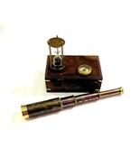 Nautical Brass Telescope with Hourglass &amp; Pocket Compass in Wooden Box-G... - £51.61 GBP